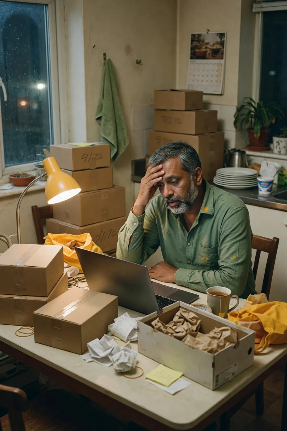 A seller at his kitchen table late at night, head in his hand, surrounded by shipping boxes and paperwork