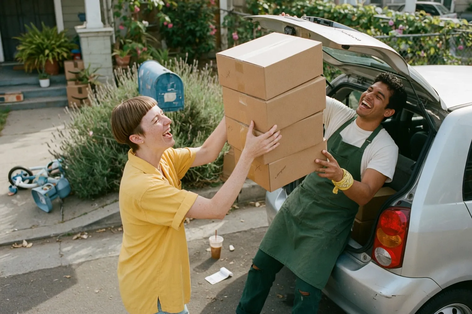 Two business partners laughing as they load a stack of shipping boxes into a car
