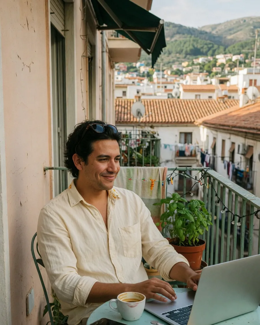 A founder working on a laptop from a bright apartment balcony overlooking a city