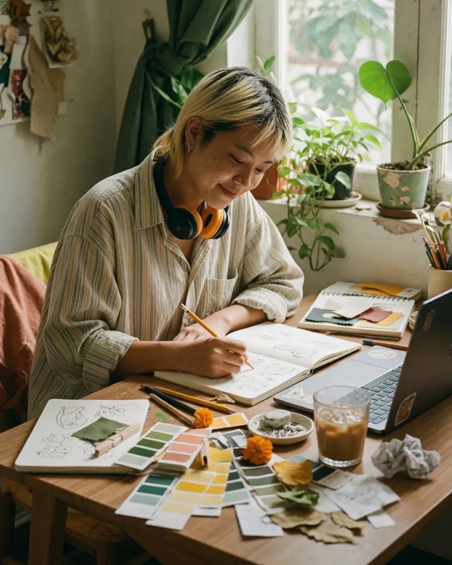 A freelance designer at a sunny desk, sketching beside a laptop