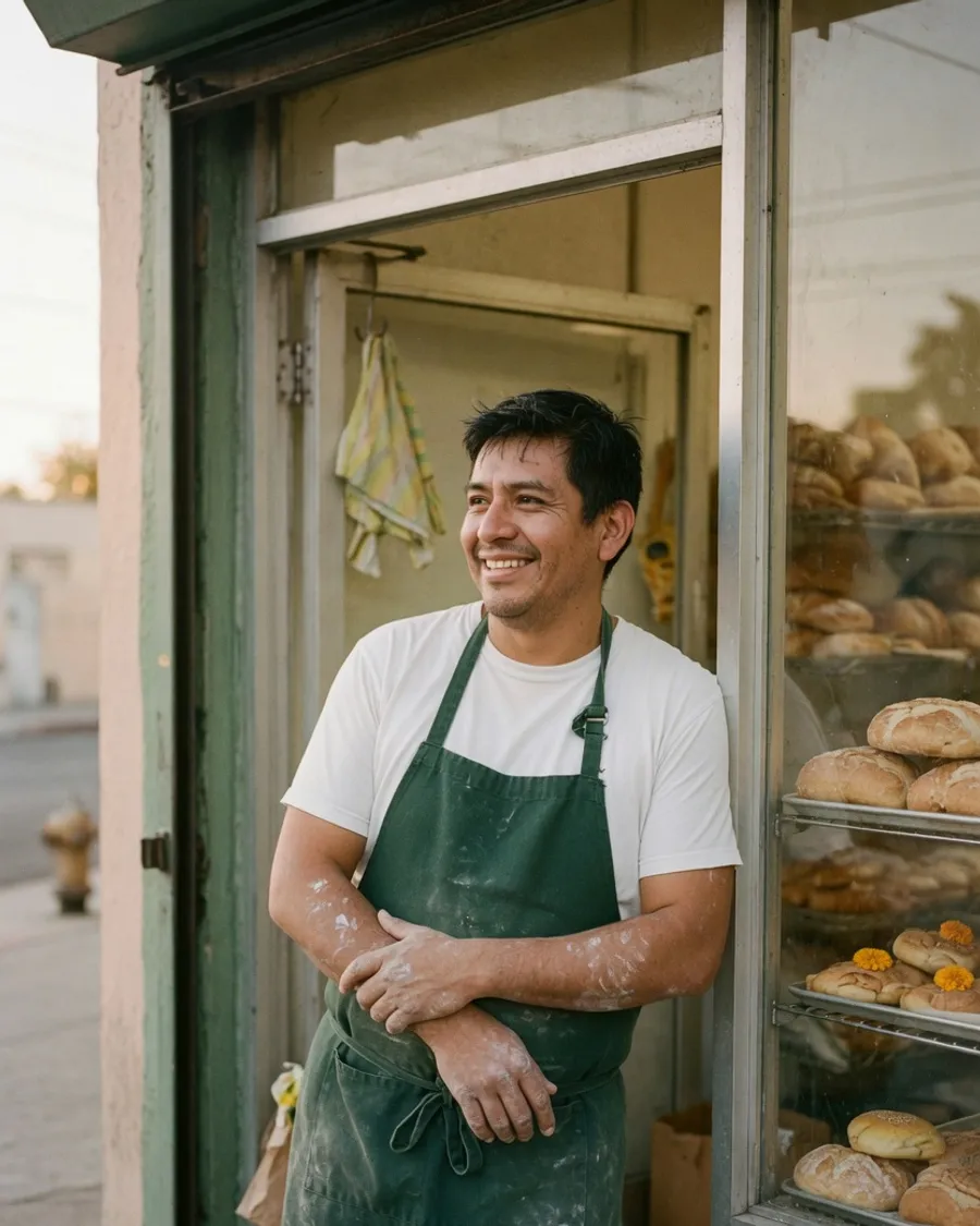 A bakery owner in an apron standing in the doorway of the shop