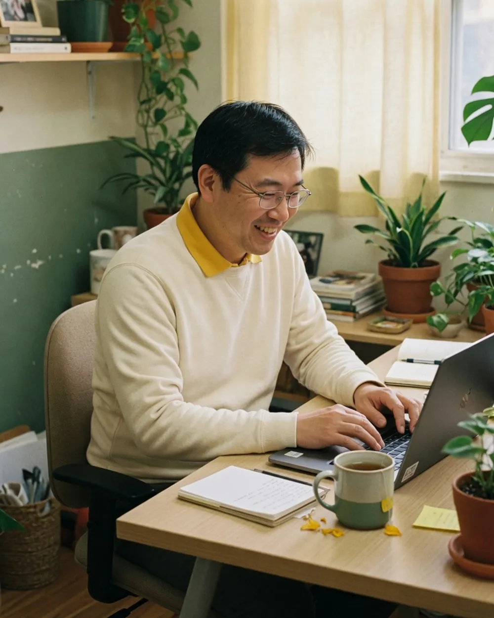 A team member smiling while typing a reply on a laptop in a calm, plant-filled office