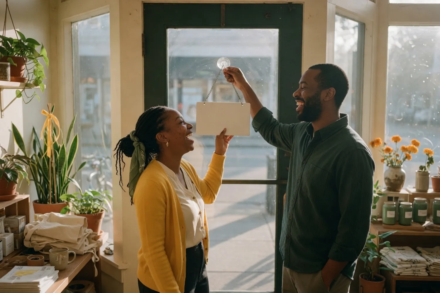 Two business partners laughing as they hang the sign on their shop door in the morning
