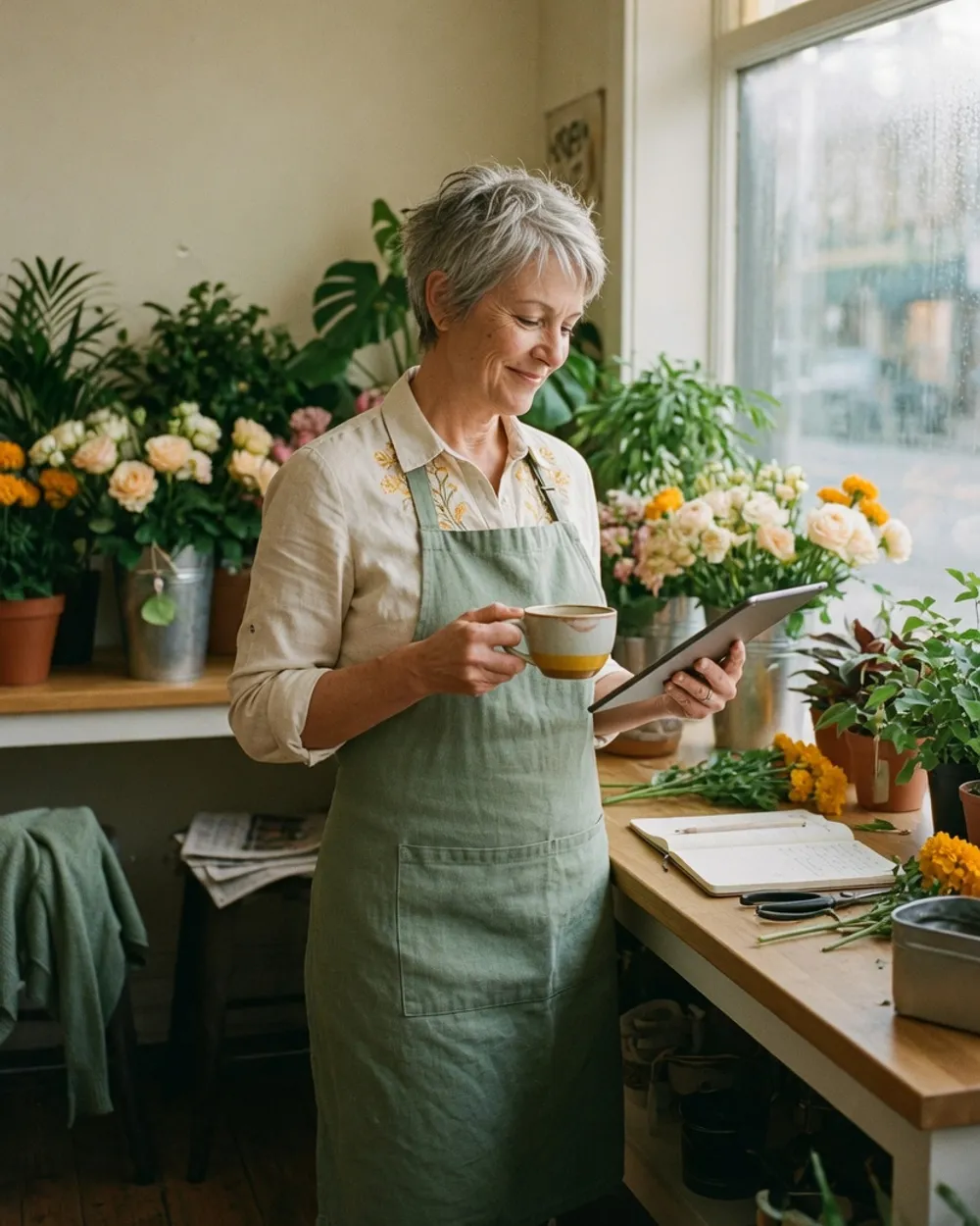 A shop owner reading monthly financial statements on a tablet, coffee in hand