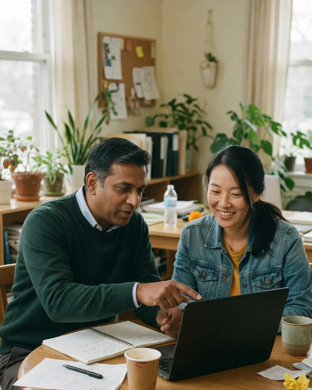 A business owner and an accountant side by side at a table, going over accounts on a laptop