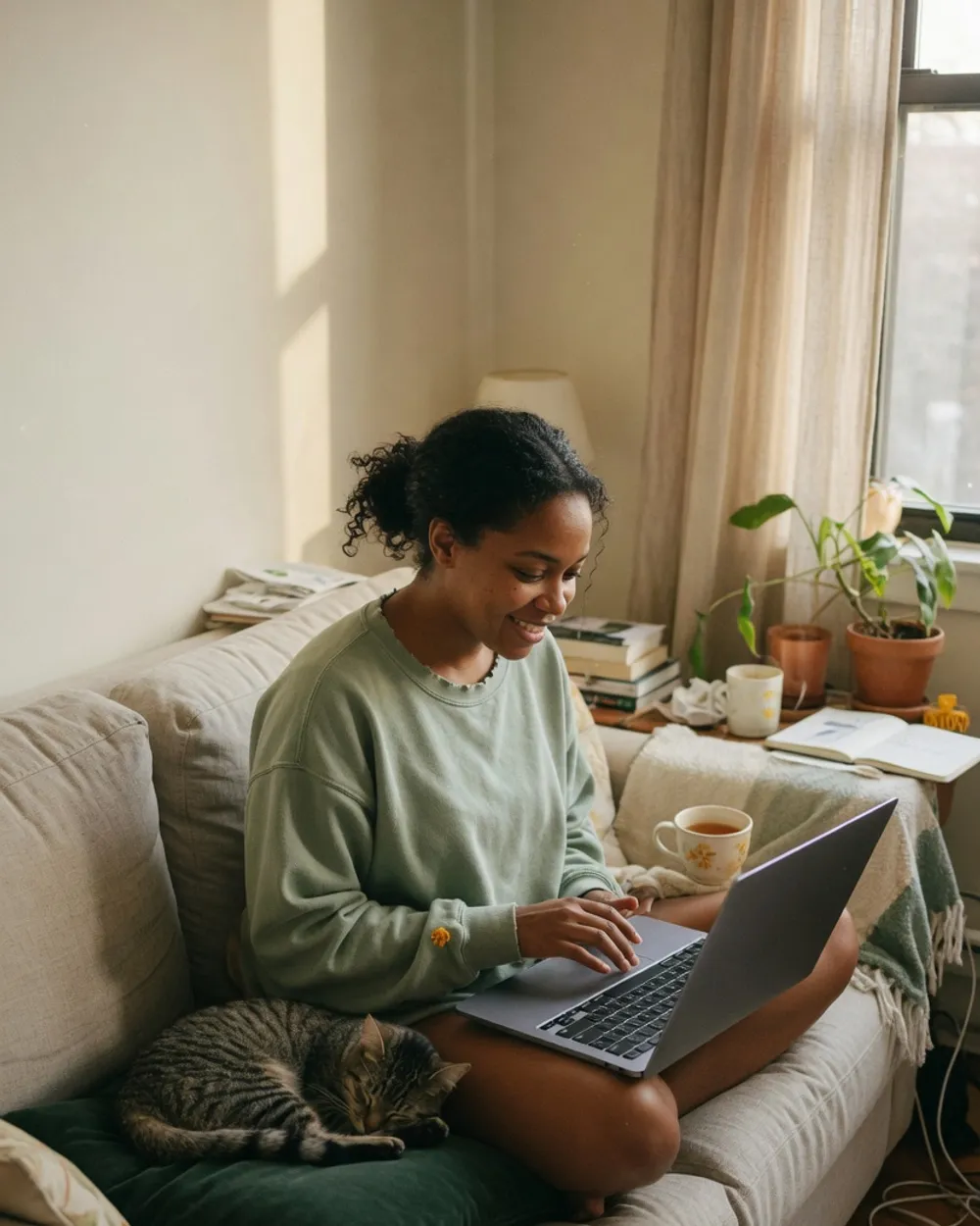 A founder on a sofa with a laptop on their knees, signing up