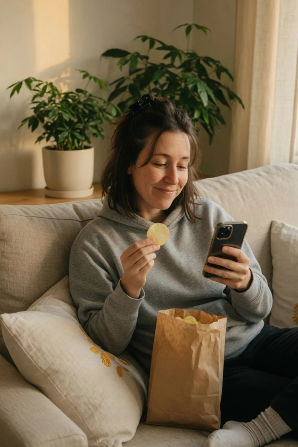 Relaxed on the sofa with a bag of chips, smiling at an email on a phone
