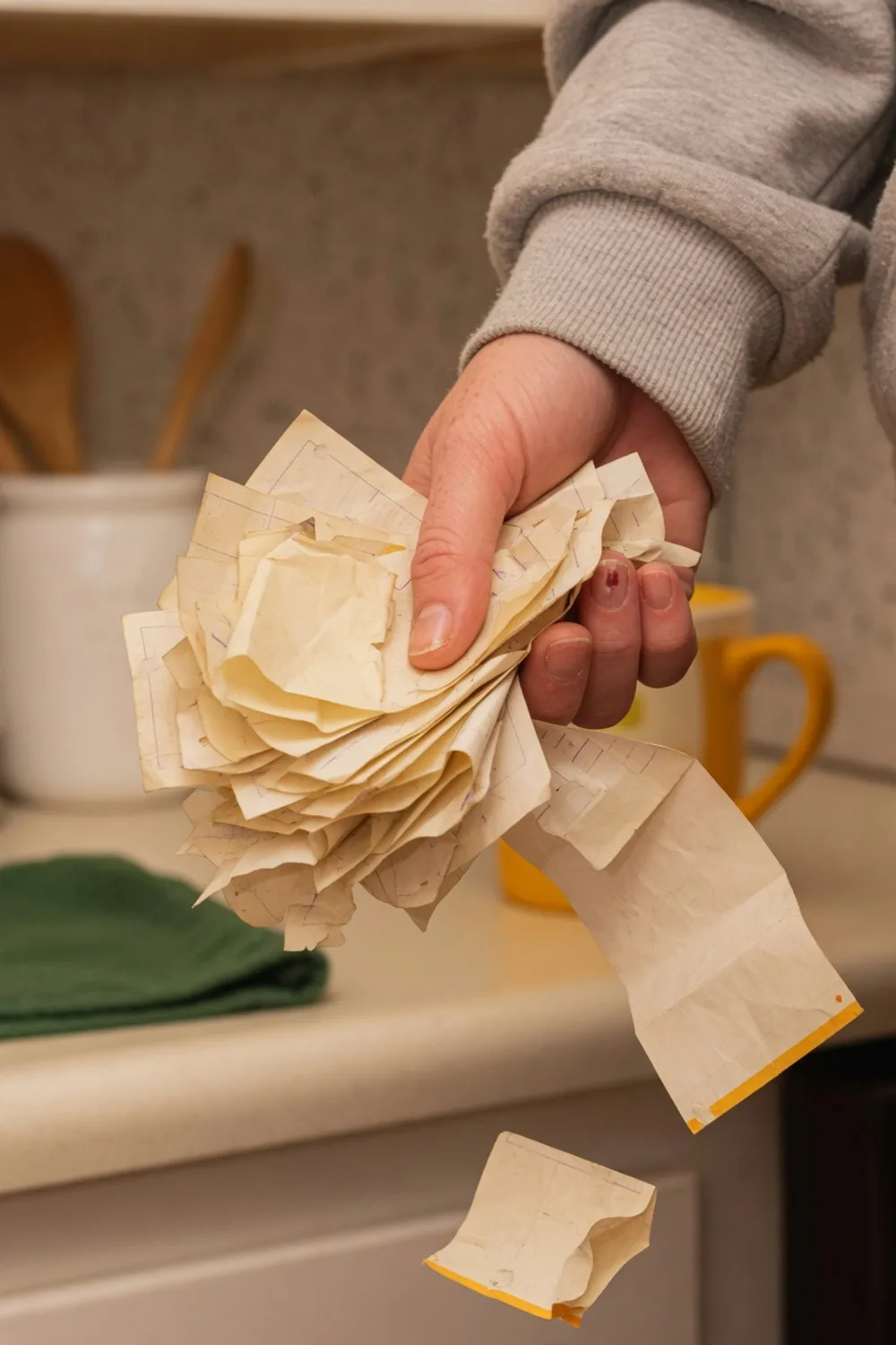 A hand holding a crumpled bunch of faded paper receipts