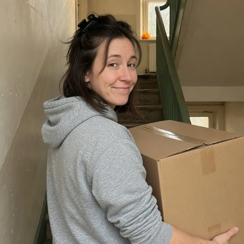 Carrying a moving box up a stairwell to help a friend move